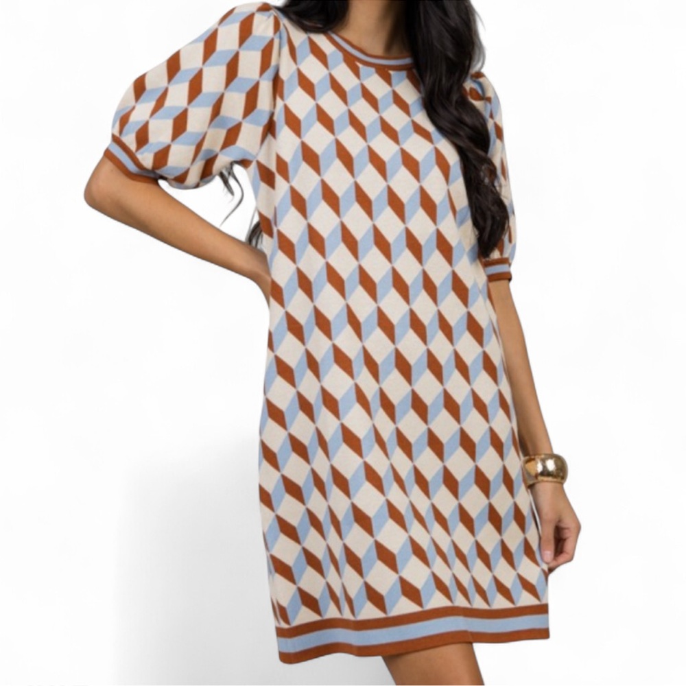 Voy Geometric Patterned Knit Dress Brown Baby Blue and Cream Tan Size S